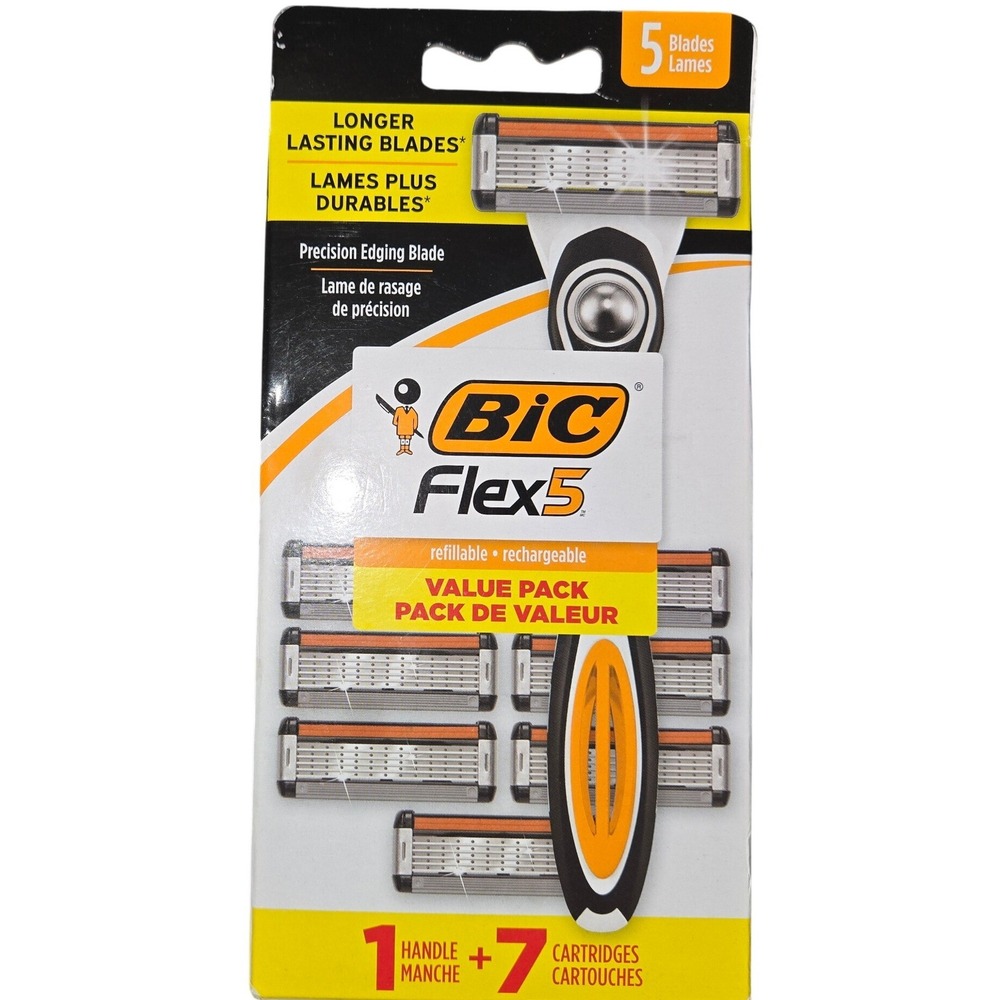BIC Flex 5 Hybrid Mens Razor Value Pack 1 Handle and 7 Cartridges Refillable